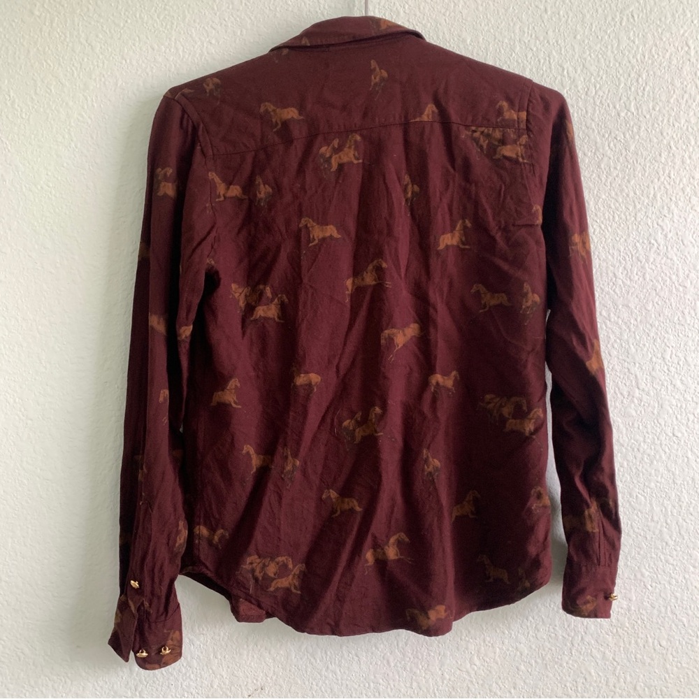 LAUREN RALPH LAUREN horse riding equestrian print burgundy buttons shirt top S - Picture 4 of 7